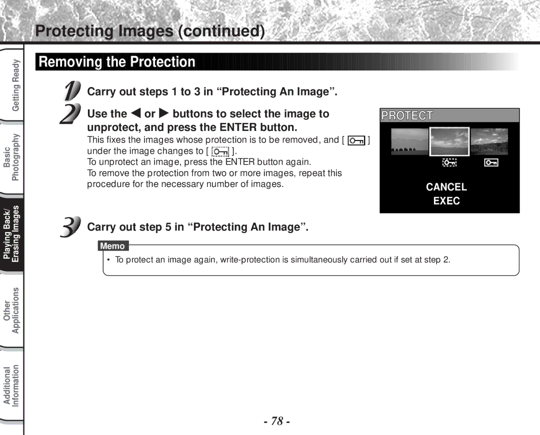 Toshiba PDR-M60 instruction manual Removing the Protection, Carry out in Protecting An Image 