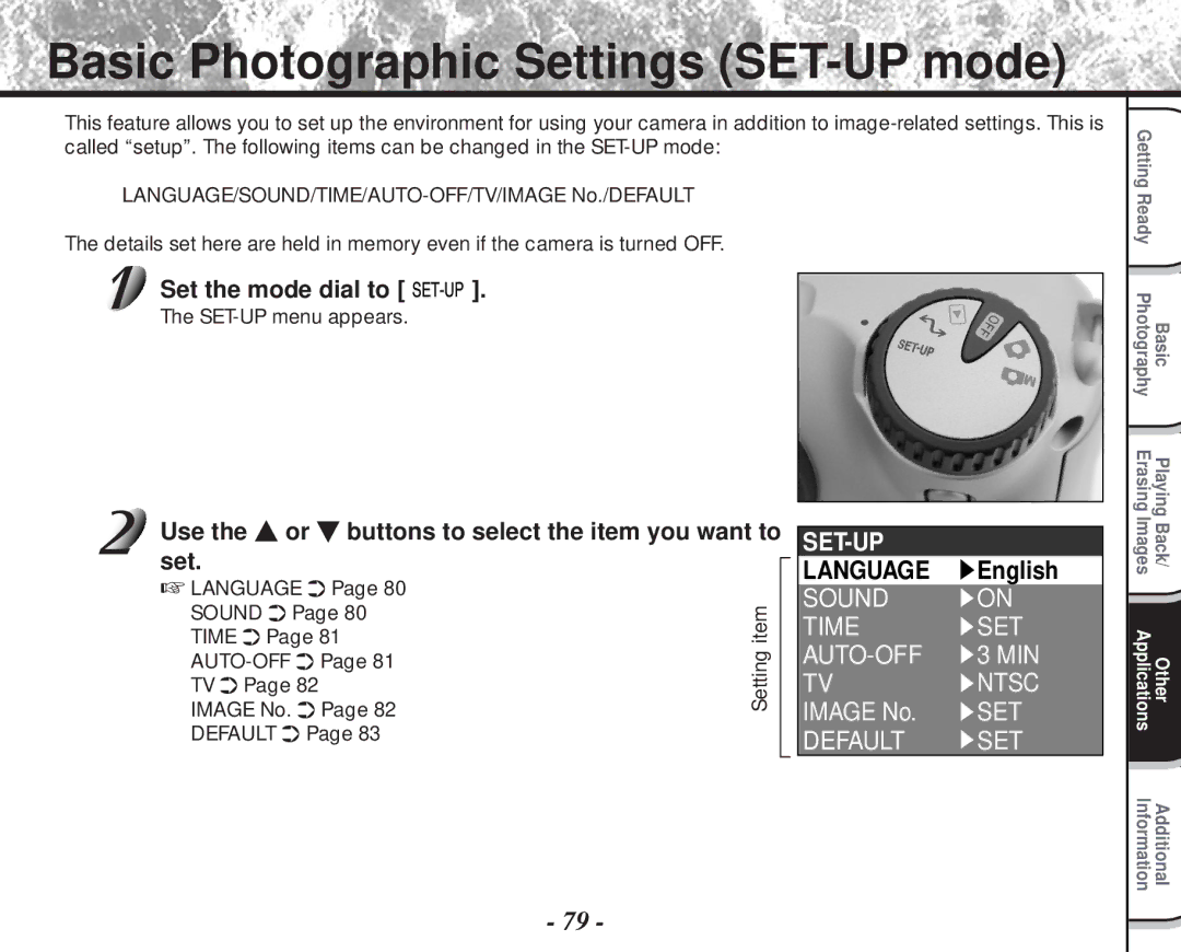 Toshiba PDR-M60 instruction manual Basic Photographic Settings SET-UP mode, SET-UP Language 