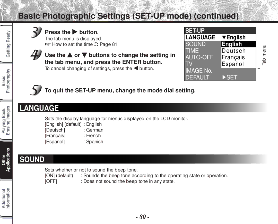 Toshiba PDR-M60 Basic Photographic Settings SET-UP mode, Set-Up, To quit the SET-UP menu, change the mode dial setting 