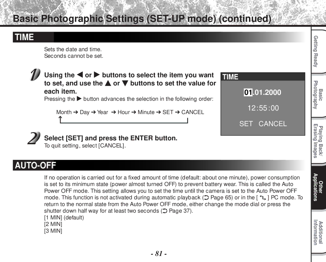 Toshiba PDR-M60 Time, Select SET and press the Enter button, Sets the date and time Seconds cannot be set 