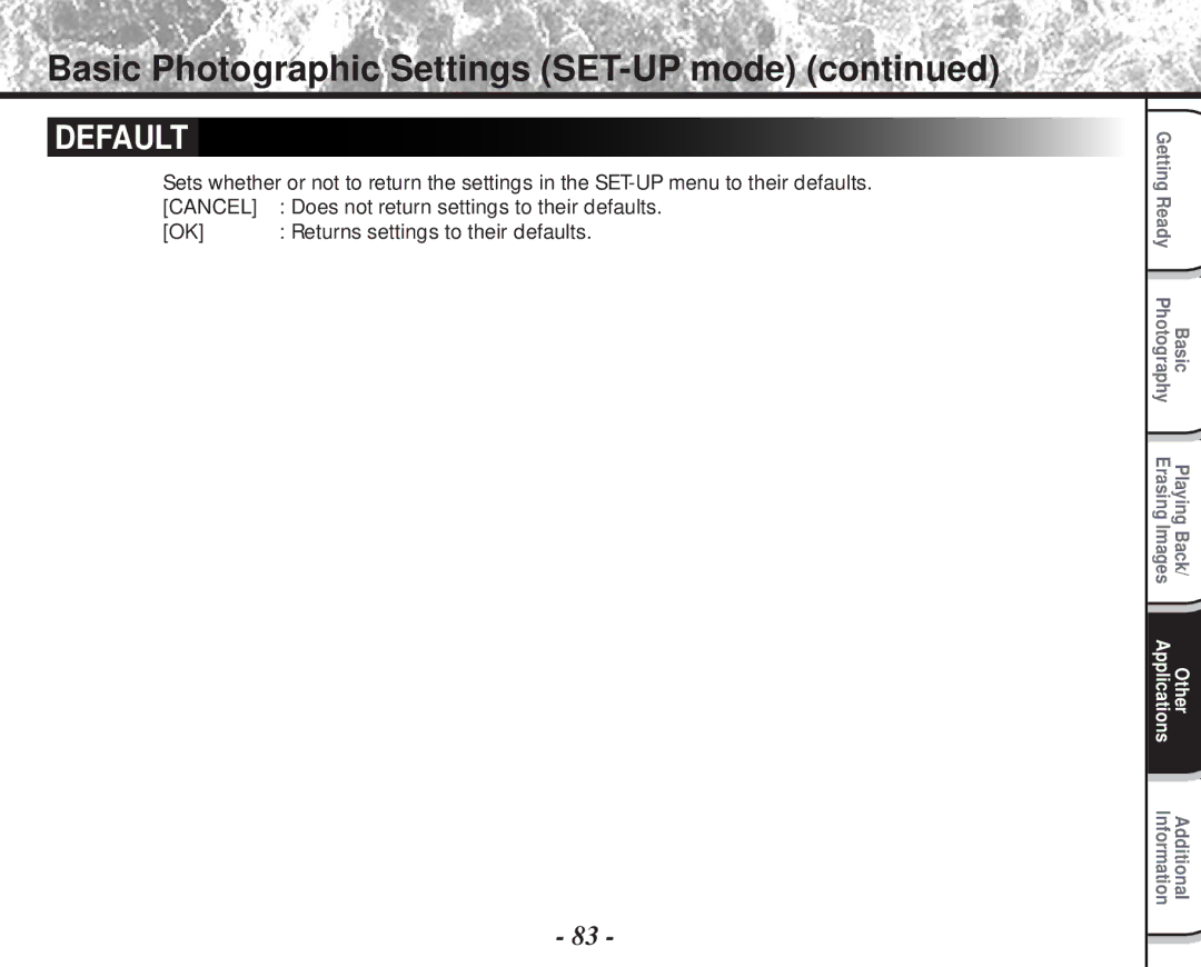 Toshiba PDR-M60 instruction manual Default, Returns settings to their defaults 