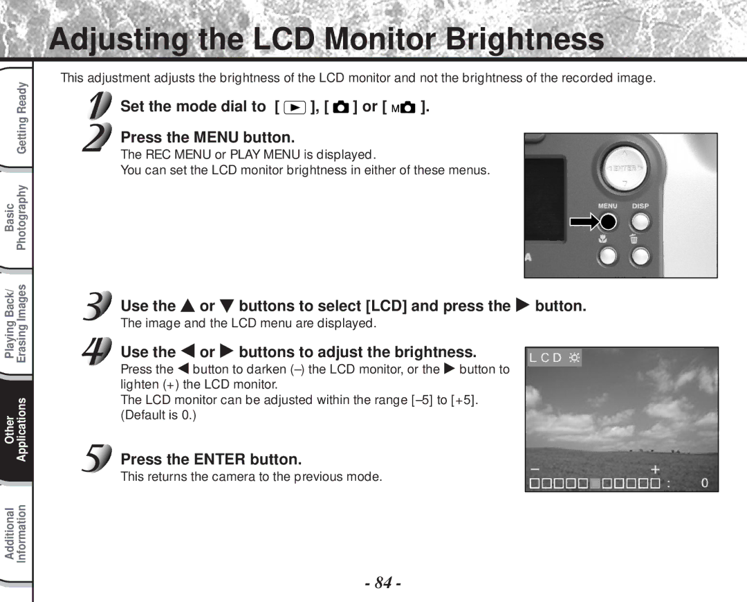 Toshiba PDR-M60 instruction manual Adjusting the LCD Monitor Brightness, Set the mode dial to , or Press the Menu button 