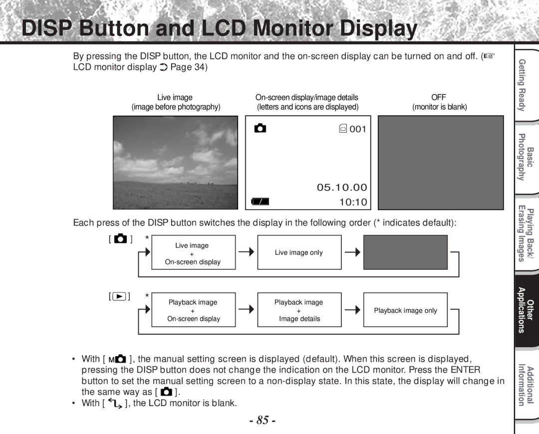 Toshiba PDR-M60 instruction manual Disp Button and LCD Monitor Display 