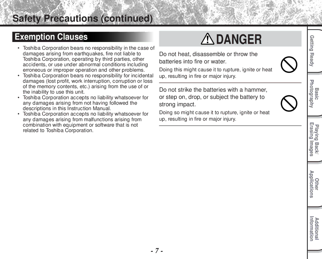 Toshiba PDR-M60 instruction manual Safety Precautions, Exemption Clauses 