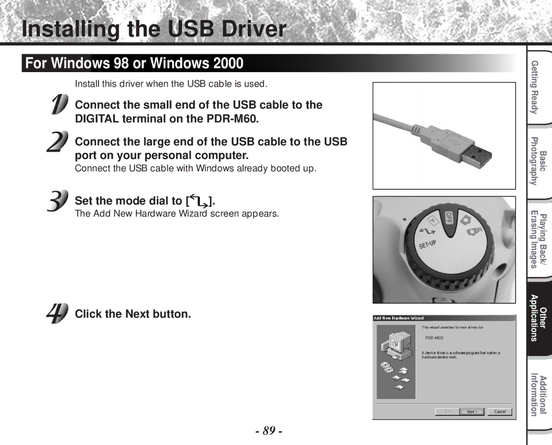 Toshiba PDR-M60 instruction manual Installing the USB Driver, For Windows 98 or Windows, Click the Next button 