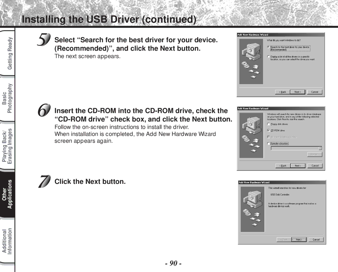 Toshiba PDR-M60 instruction manual Installing the USB Driver, Next screen appears 