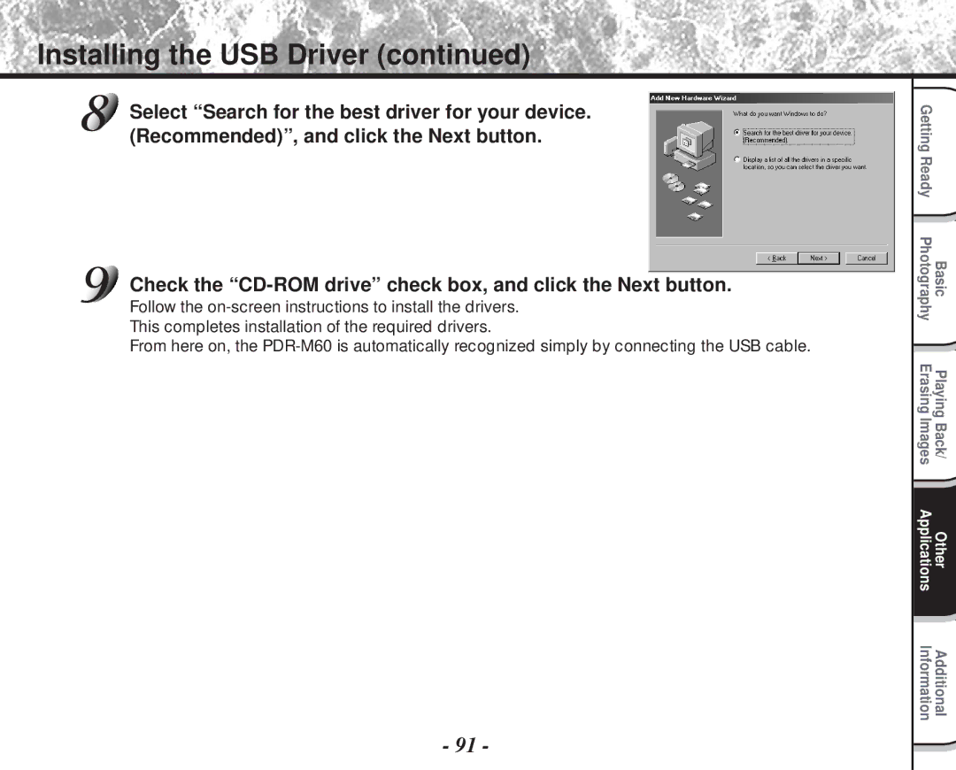 Toshiba PDR-M60 instruction manual Installing the USB Driver 