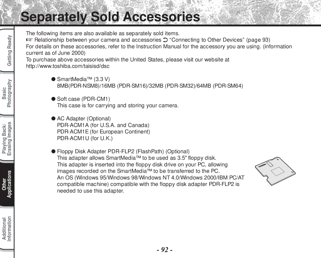 Toshiba PDR-M60 instruction manual Separately Sold Accessories 