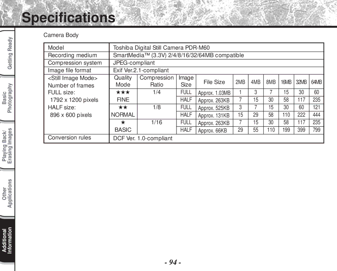 Toshiba PDR-M60 instruction manual Specifications 