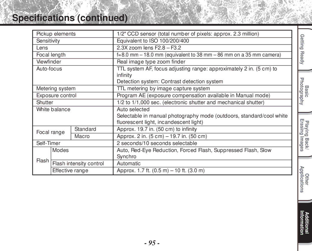 Toshiba PDR-M60 instruction manual Specifications, Auto selected, Fluorescent light, incandescent light 