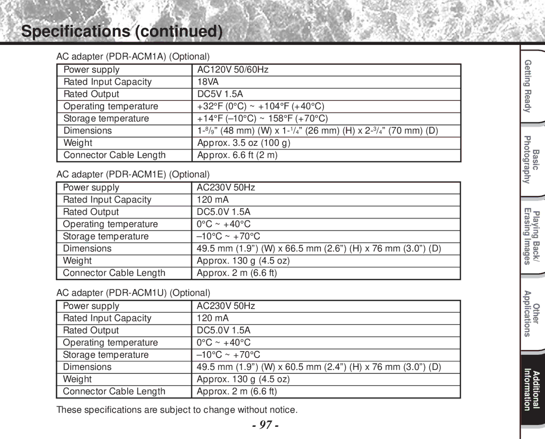 Toshiba PDR-M60 instruction manual Specifications 