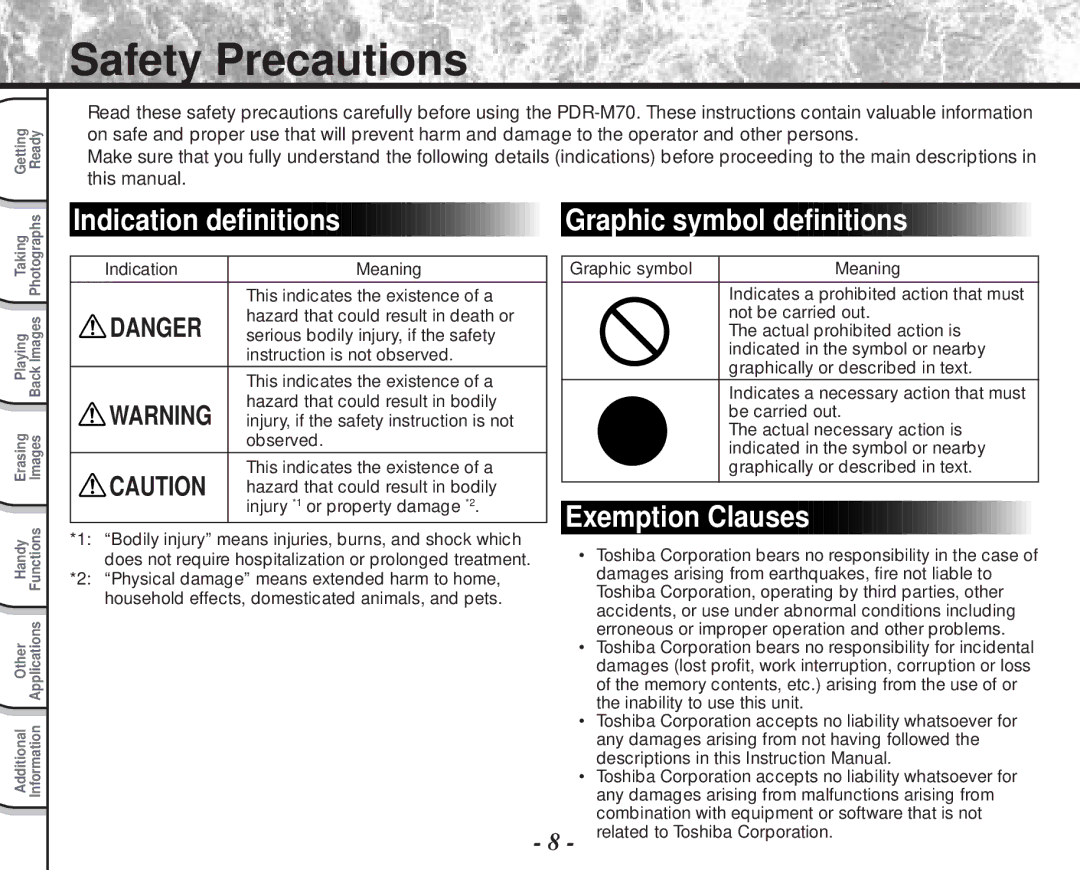 Toshiba PDR-M70 instruction manual Safety Precautions, Indication definitions Graphic symbol definitions 