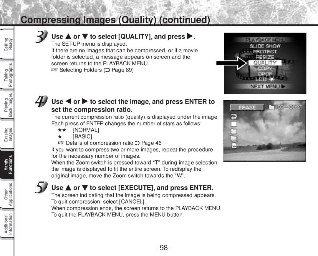 Toshiba PDR-M70 instruction manual Compressing Images Quality, Use or to select QUALITY, and press 