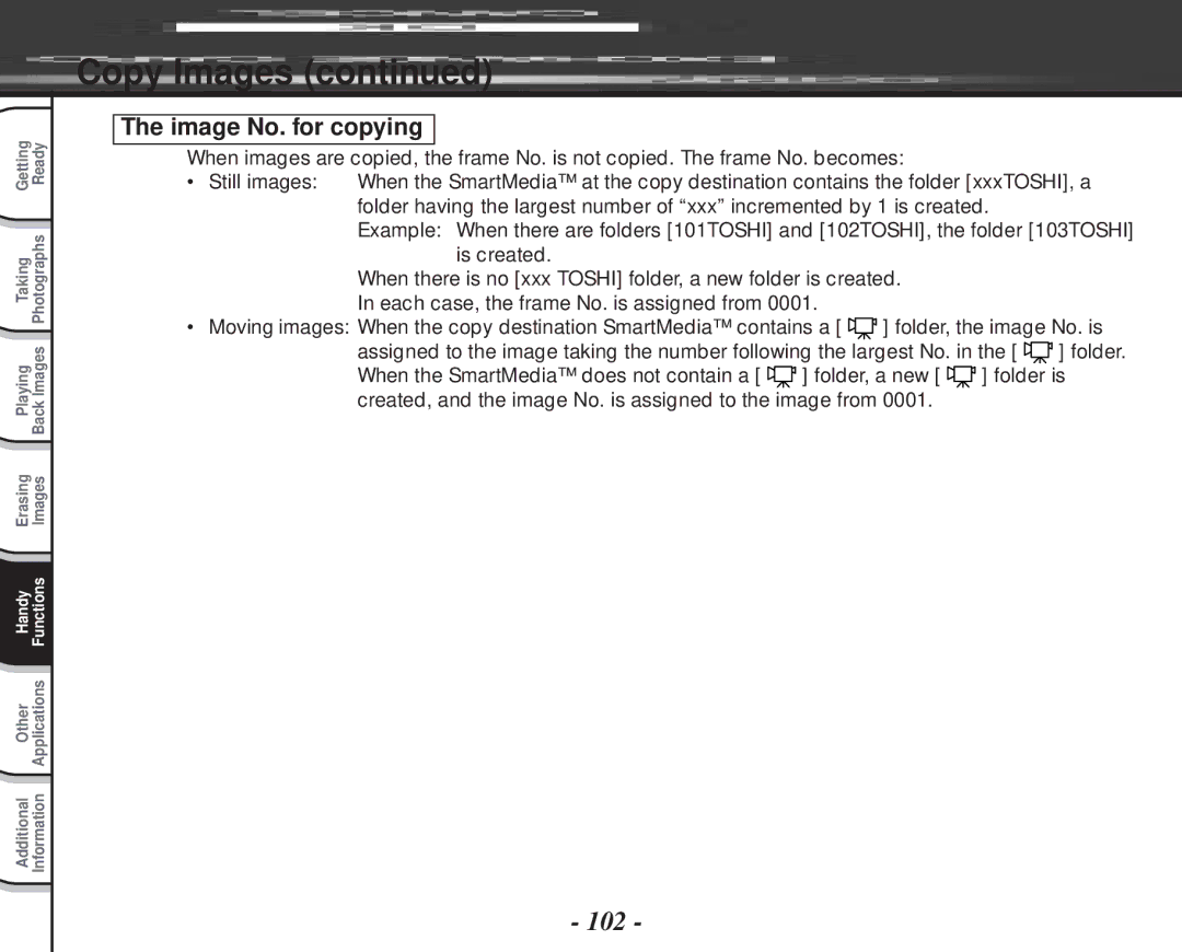 Toshiba PDR-M70 instruction manual Copy Images, 102, Image No. for copying 