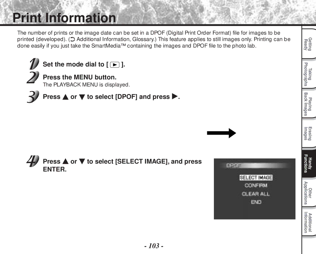 Toshiba PDR-M70 instruction manual Print Information, 103, Set the mode dial to Press the Menu button 