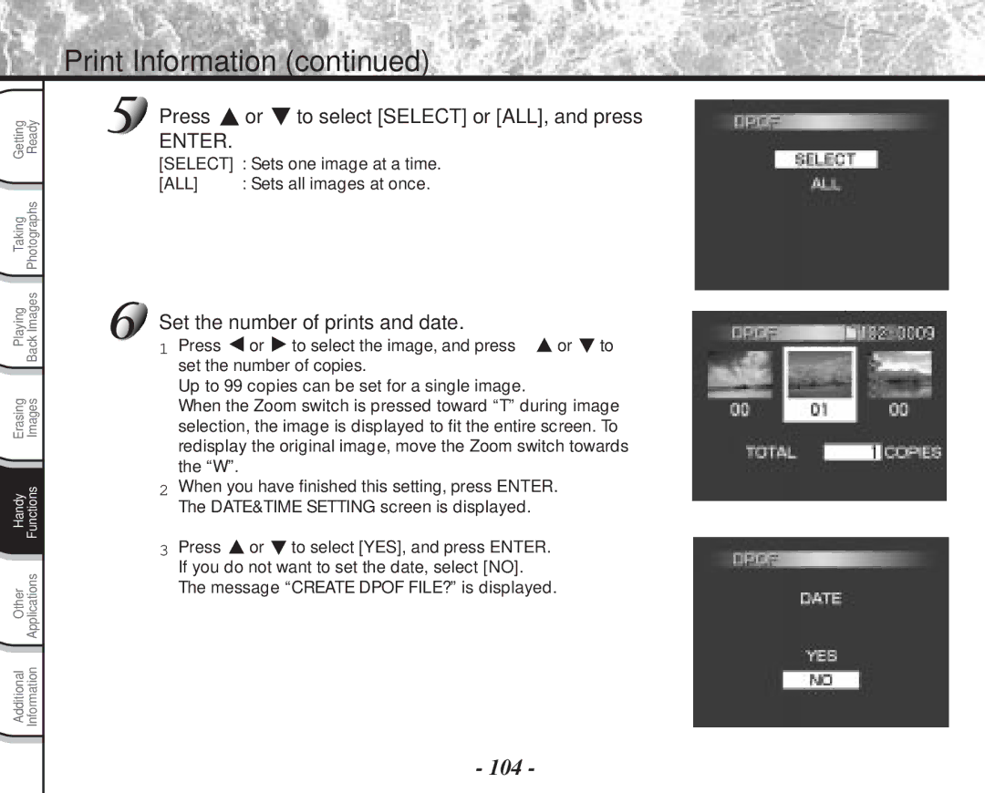 Toshiba PDR-M70 Print Information, 104, Press or to select Select or ALL, and press, Set the number of prints and date 