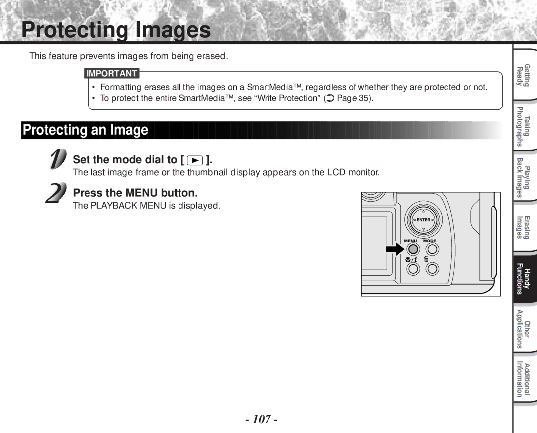 Toshiba PDR-M70 instruction manual Protecting Images, Protecting an Image, This feature prevents images from being erased 