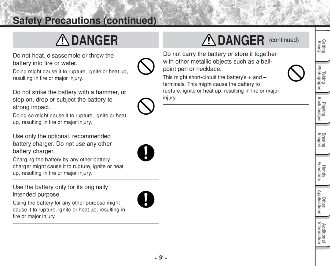 Toshiba PDR-M70 instruction manual Safety Precautions, Use the battery only for its originally intended purpose 