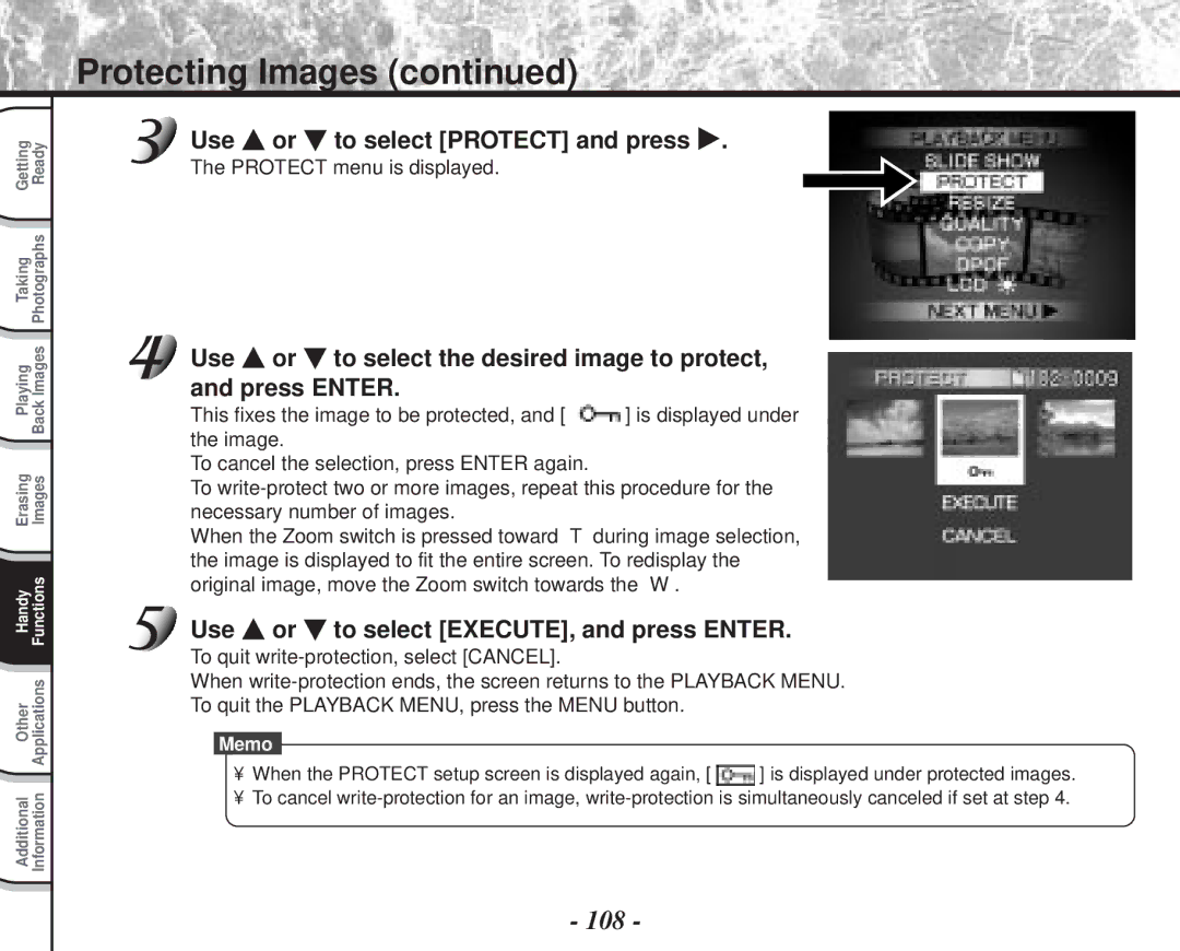 Toshiba PDR-M70 instruction manual Protecting Images, 108, Use or to select Protect and press, Protect menu is displayed 