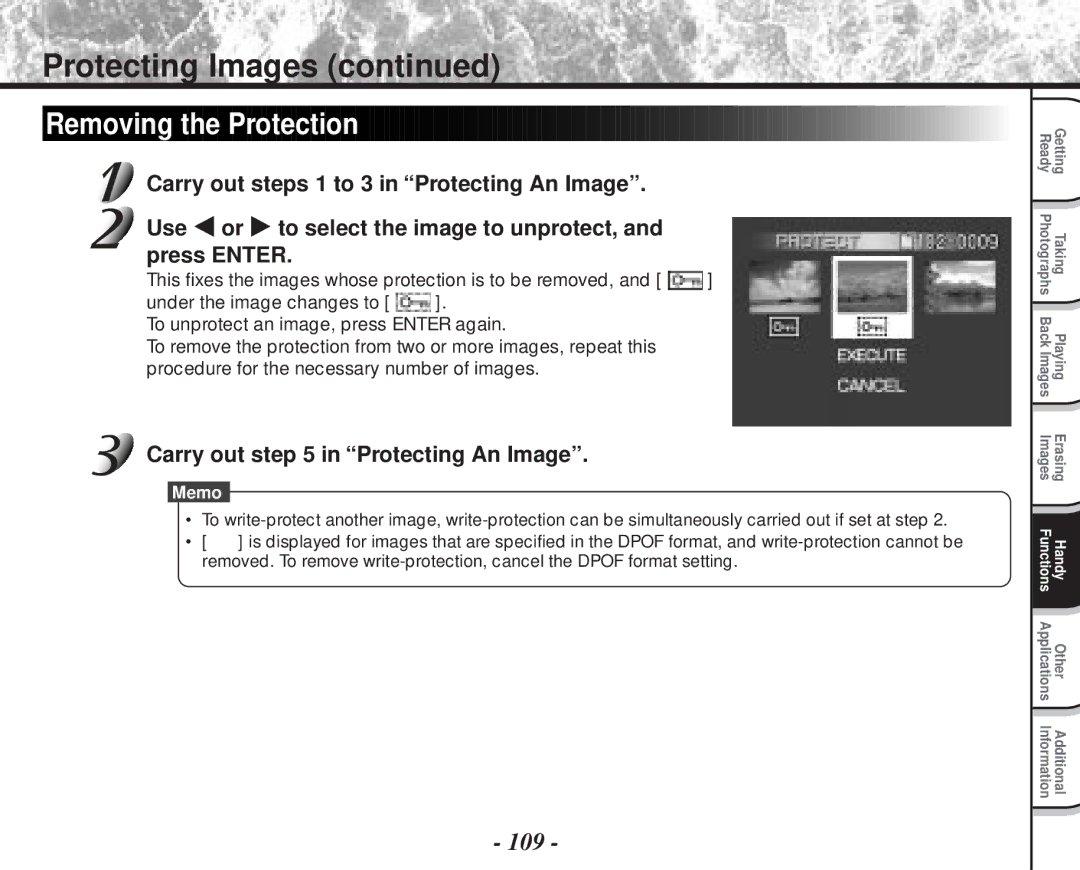 Toshiba PDR-M70 instruction manual 109, Carry out in Protecting An Image 