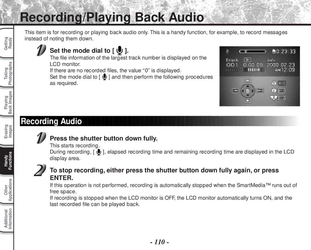 Toshiba PDR-M70 instruction manual Recording/Playing Back Audio, Recording Audio, 110 