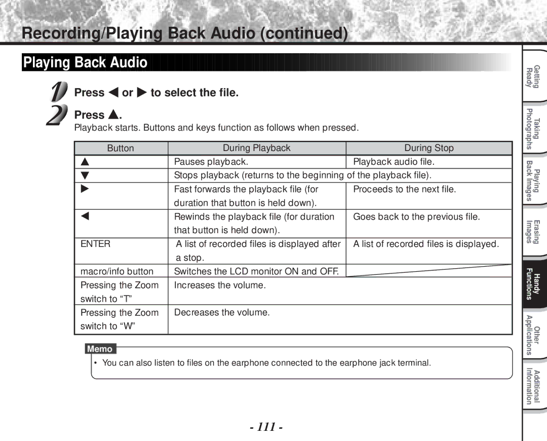 Toshiba PDR-M70 instruction manual Recording/Playing Back Audio, 111, Press or to select the file 