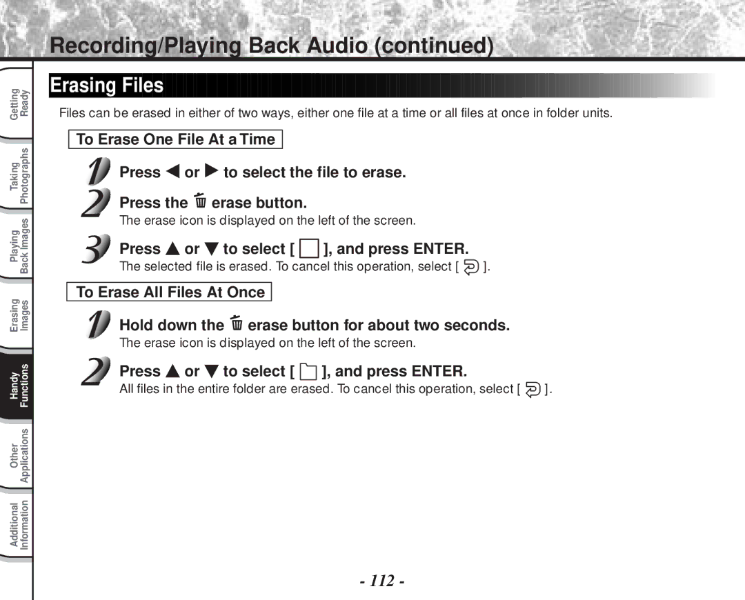 Toshiba PDR-M70 instruction manual Erasing Files, 112, Press or to select Press Enter, Press or to select , and press Enter 