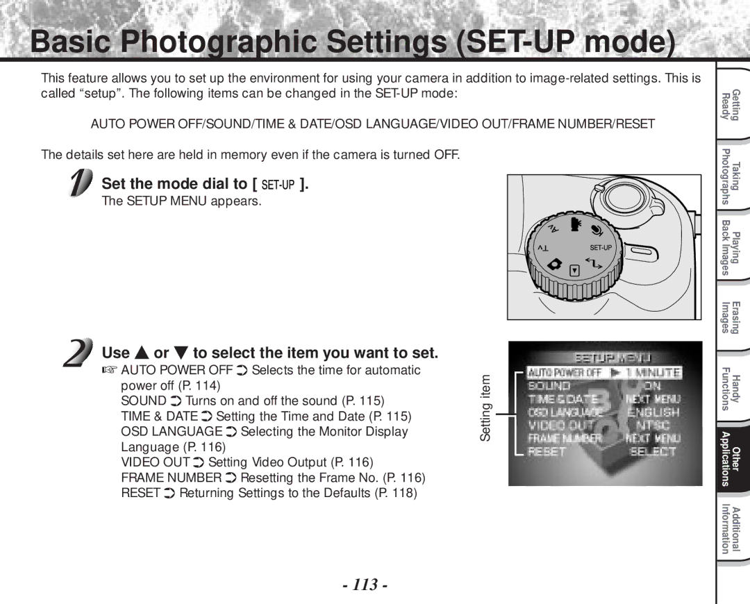 Toshiba PDR-M70 instruction manual Basic Photographic Settings SET-UP mode, 113, Use or to select the item you want to set 