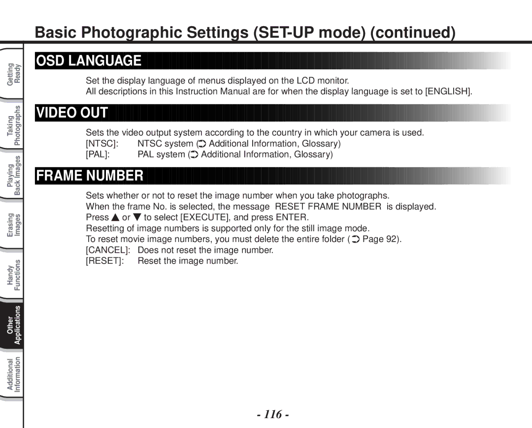 Toshiba PDR-M70 instruction manual OSD Language, Video OUT, Frame Number, 116 