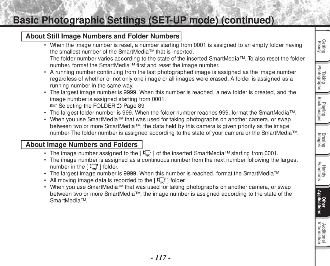 Toshiba PDR-M70 instruction manual 117, About Still Image Numbers and Folder Numbers, About Image Numbers and Folders 