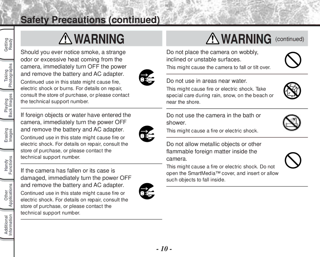 Toshiba PDR-M70 instruction manual Do not use the camera in the bath or shower 