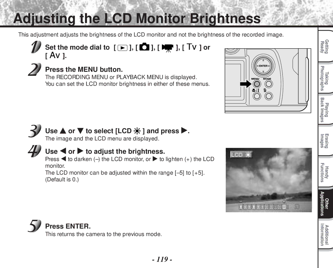 Toshiba PDR-M70 Adjusting the LCD Monitor Brightness, 119, Use To select LCD Press, Use To adjust the brightness 