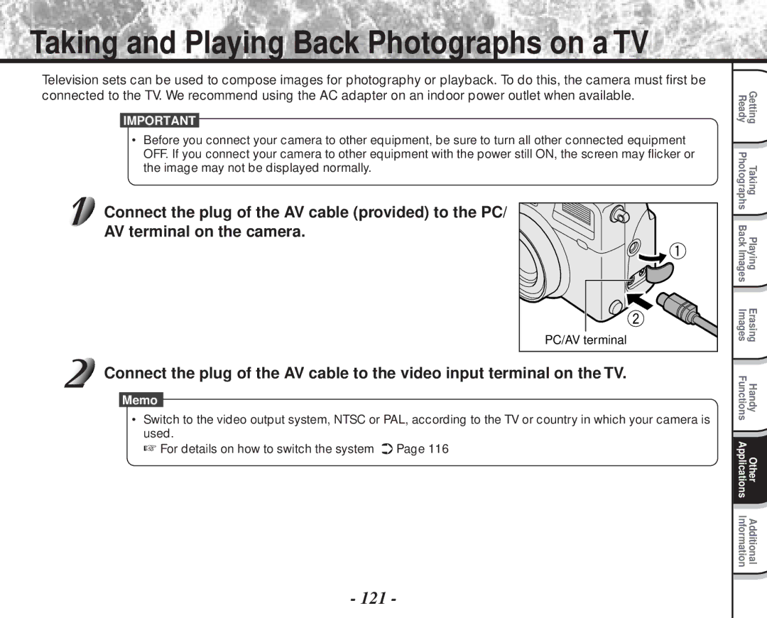 Toshiba PDR-M70 instruction manual Taking and Playing Back Photographs on a TV, 121 