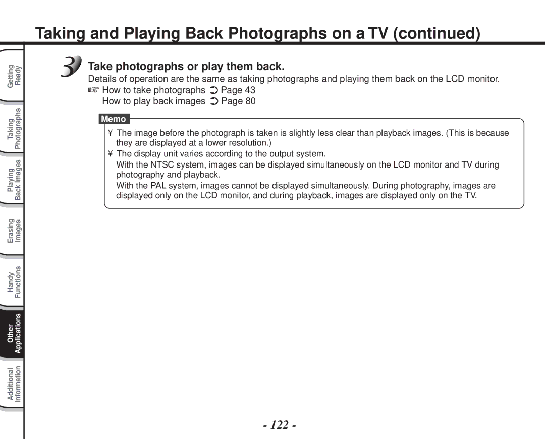 Toshiba PDR-M70 instruction manual Taking and Playing Back Photographs on a TV, 122, Take photographs or play them back 