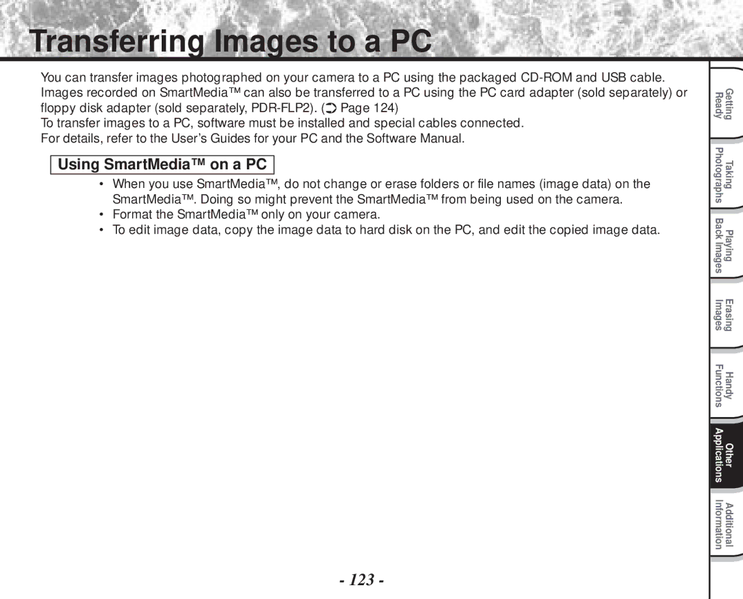 Toshiba PDR-M70 instruction manual Transferring Images to a PC, 123, Using SmartMedia on a PC 