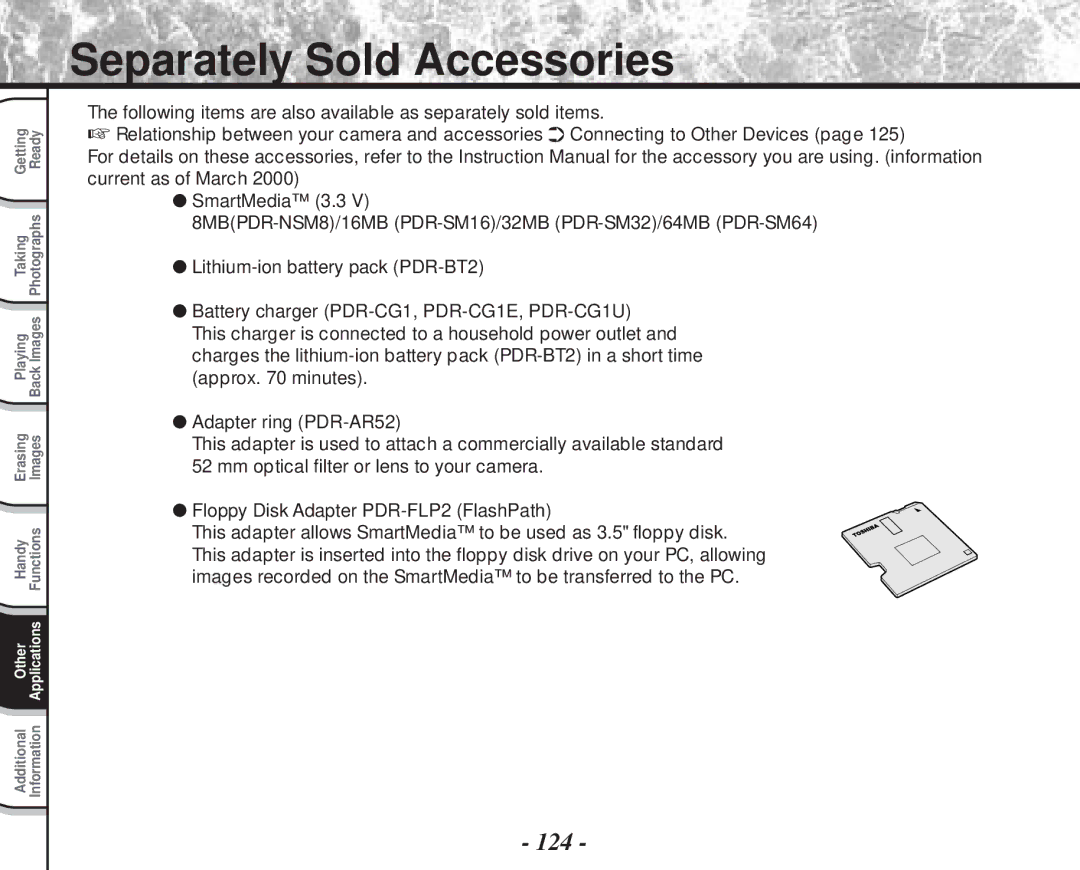 Toshiba PDR-M70 instruction manual Separately Sold Accessories, 124 