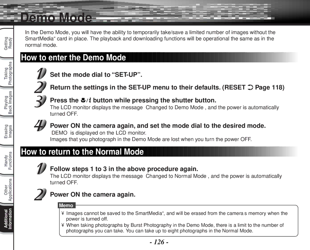 Toshiba PDR-M70 Demo Mode, 126, Follow steps 1 to 3 in the above procedure again, Power on the camera again 