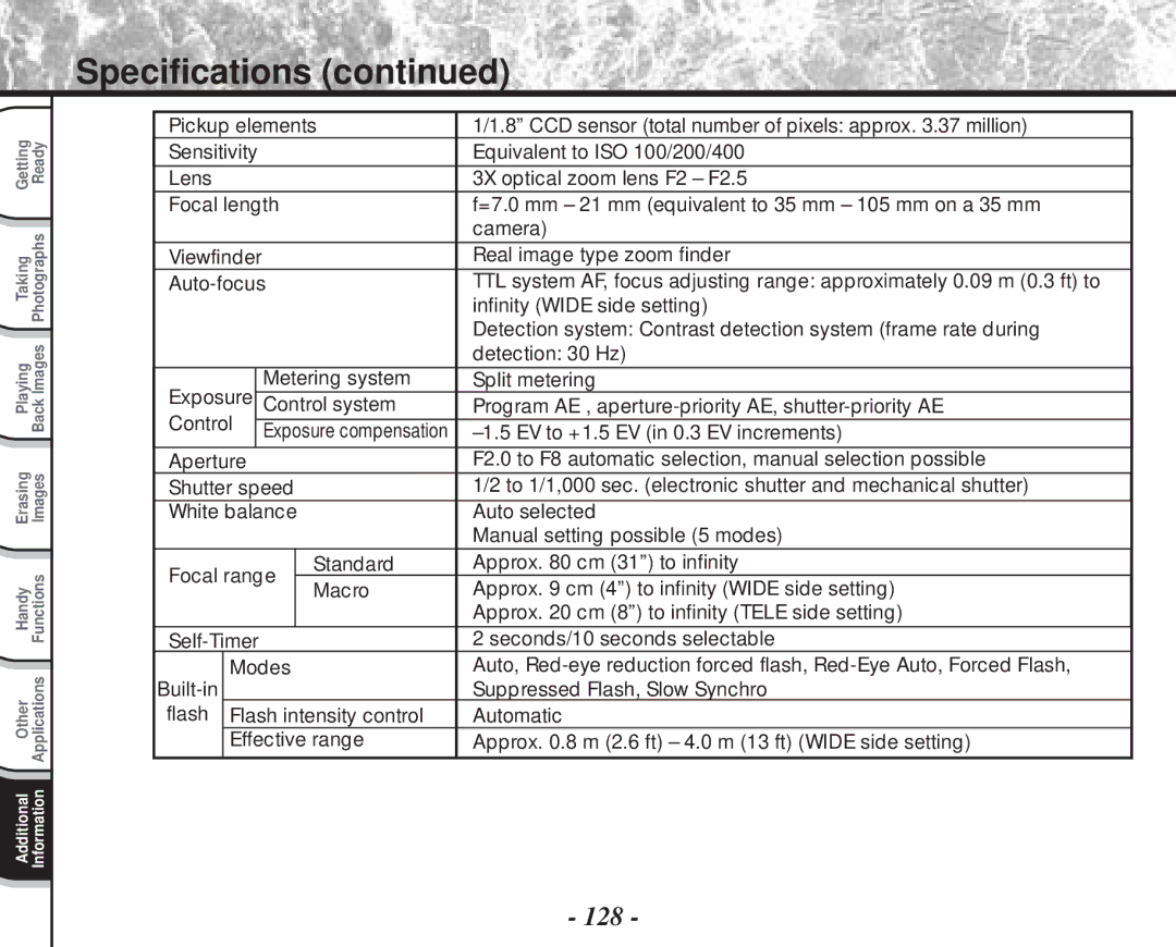 Toshiba PDR-M70 instruction manual Specifications, 128 