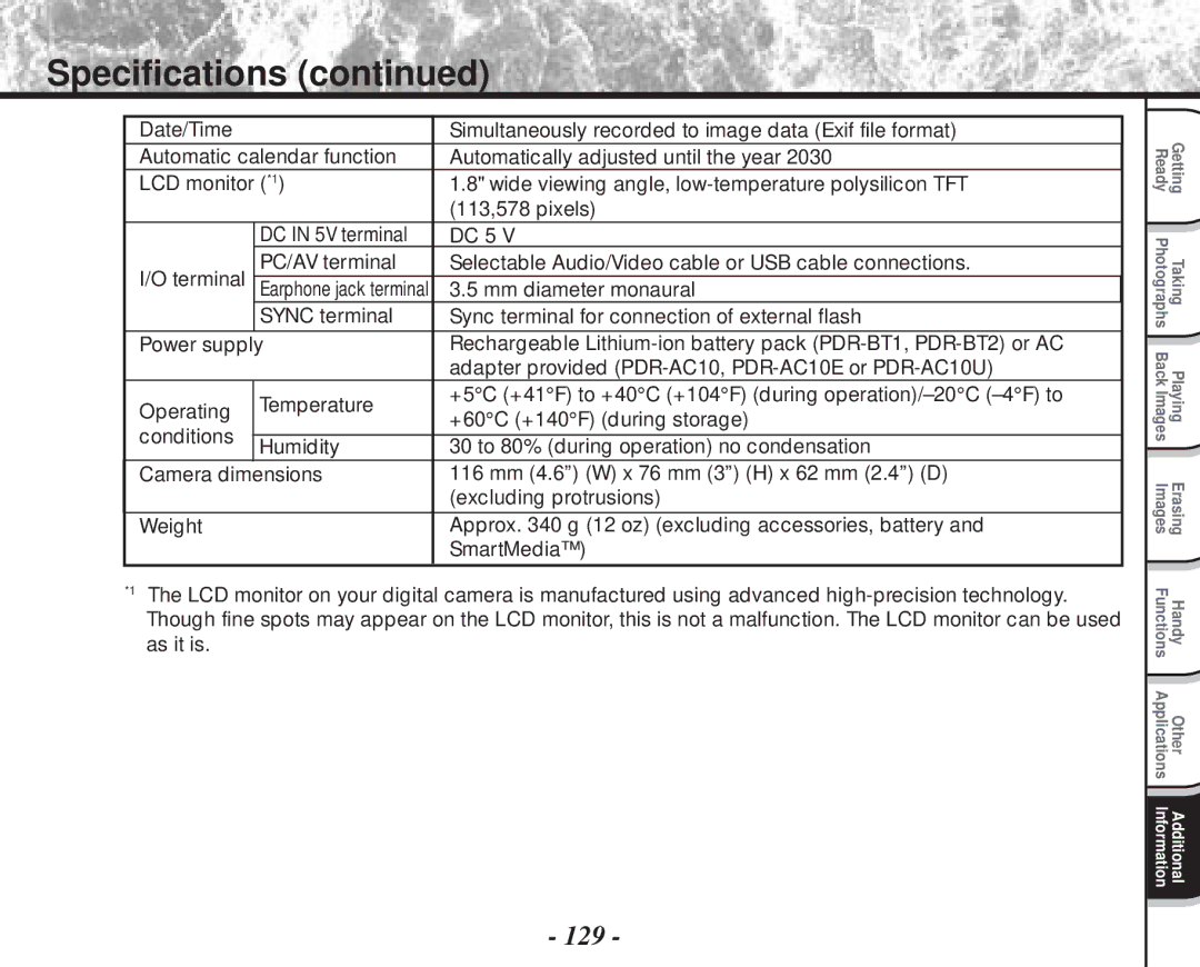 Toshiba PDR-M70 instruction manual 129, DC 5, Adapter provided PDR-AC10, PDR-AC10E or PDR-AC10U 