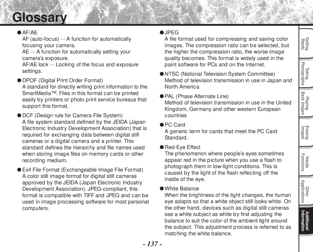 Toshiba PDR-M70 instruction manual Glossary, 137 