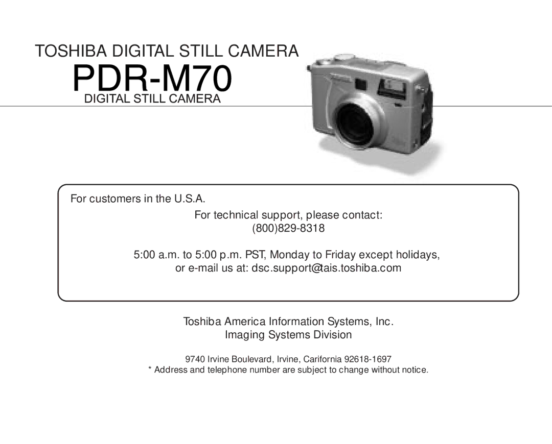 Toshiba PDR-M70 instruction manual Toshiba Digital Still Camera 