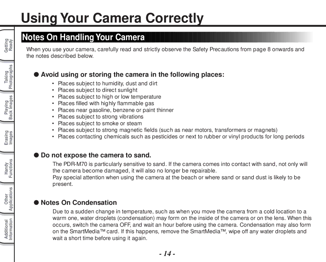 Toshiba PDR-M70 instruction manual Using Your Camera Correctly, Avoid using or storing the camera in the following places 