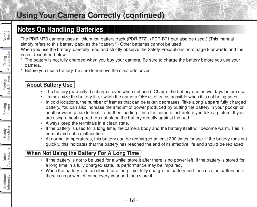 Toshiba PDR-M70 instruction manual About Battery Use, When Not Using the Battery For a Long Time 