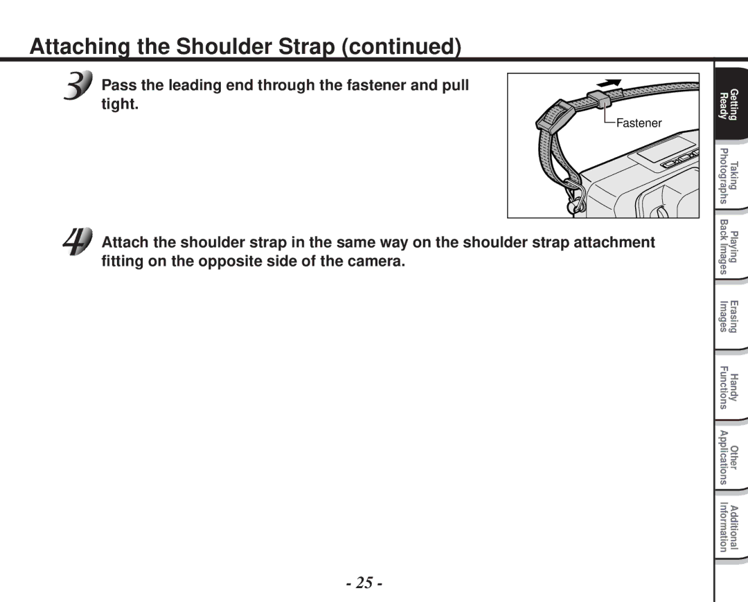 Toshiba PDR-M70 instruction manual Attaching the Shoulder Strap, Pass the leading end through the fastener and pull, Tight 