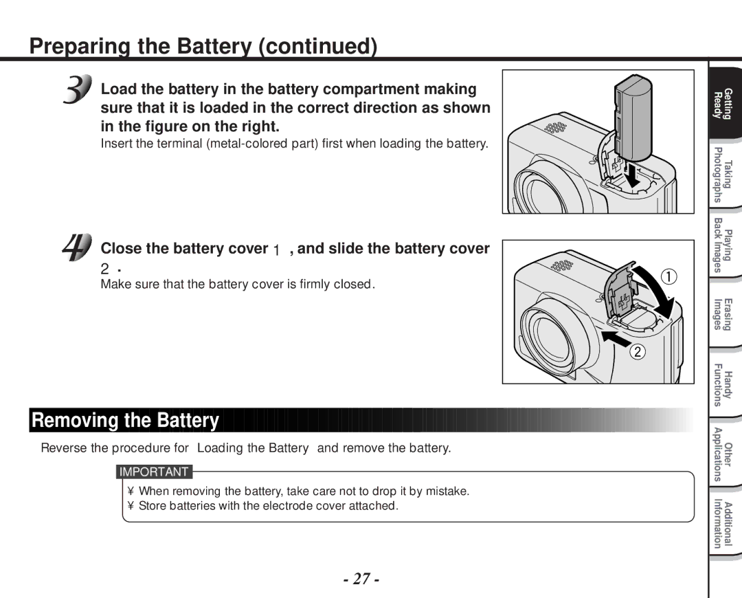 Toshiba PDR-M70 Preparing the Battery, Removing the Battery, Close the battery cover 1 , and slide the battery cover 