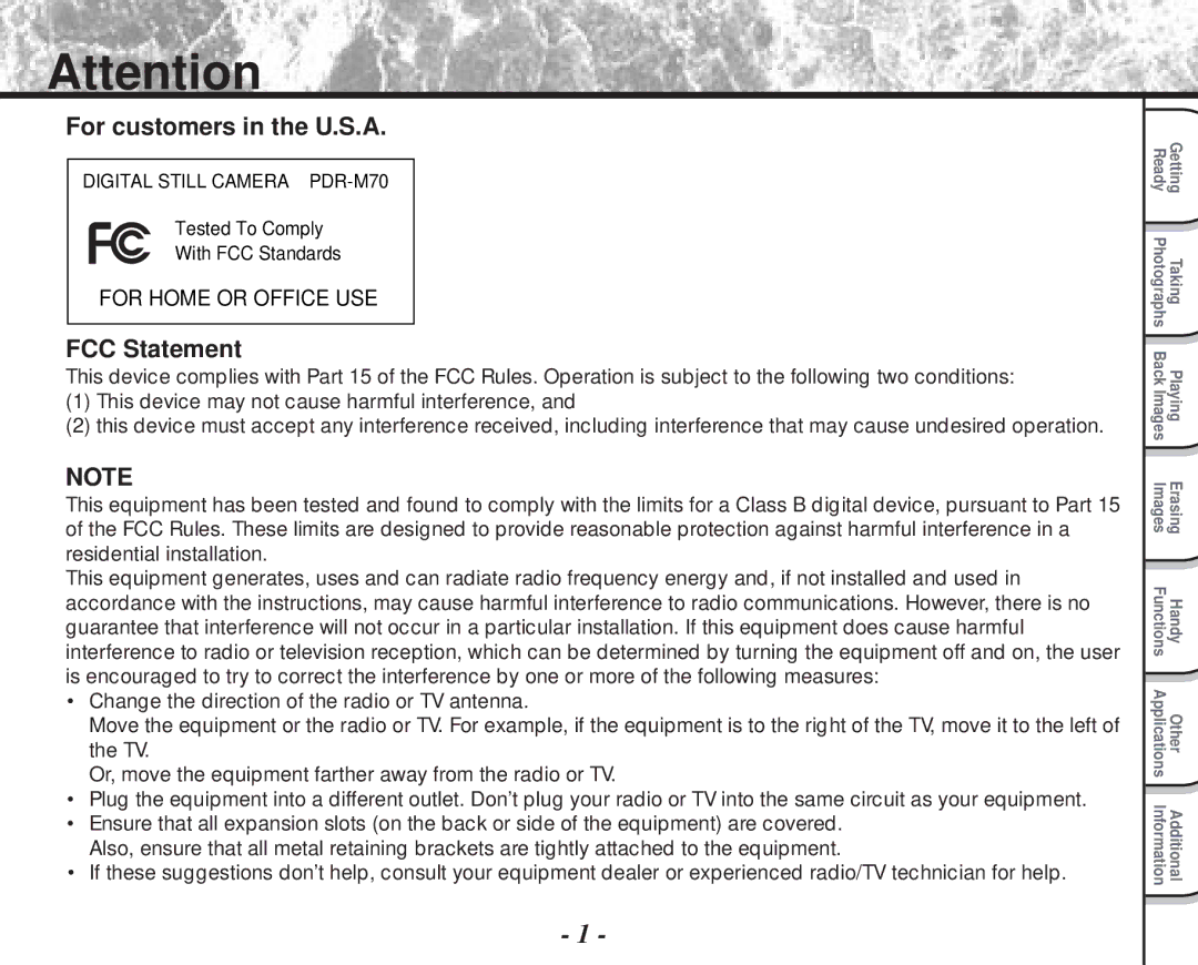 Toshiba PDR-M70 instruction manual For customers in the U.S.A, FCC Statement 