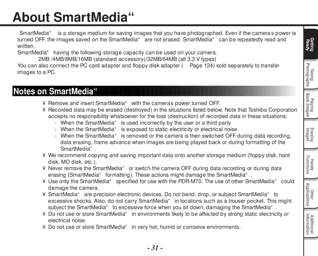 Toshiba PDR-M70 instruction manual About SmartMedia 