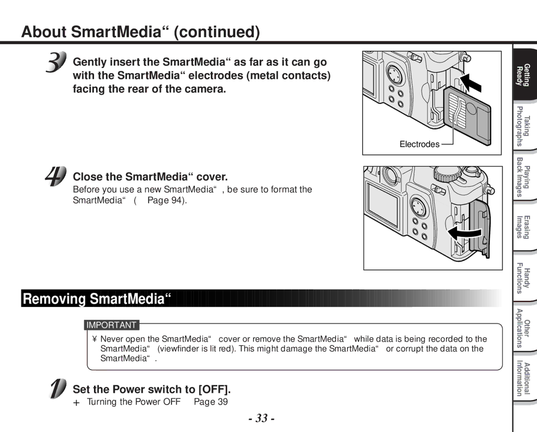 Toshiba PDR-M70 instruction manual Removing SmartMedia 