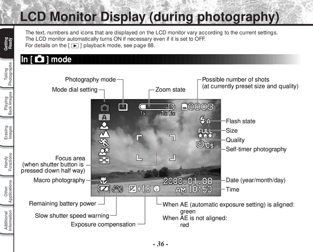 Toshiba PDR-M70 instruction manual LCD Monitor Display during photography 