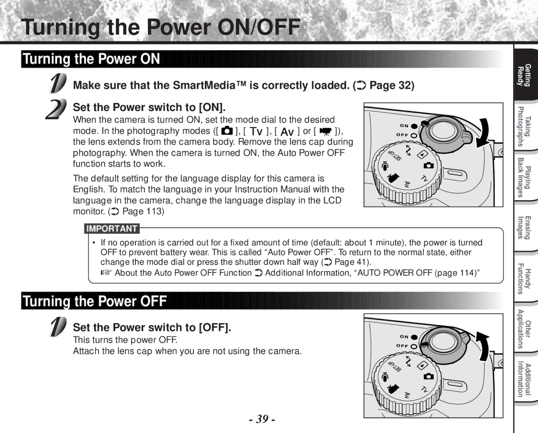 Toshiba PDR-M70 Turning the Power ON/OFF, Turning the Power on, Turning the Power OFF, Set the Power switch to on 